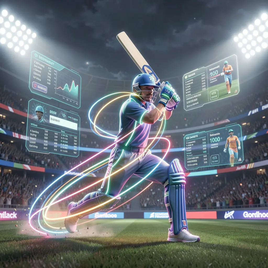 High energy neon cricket action with glowing trails and a digital betting interface showcasing fast sports betting on 49OK in Bangladesh