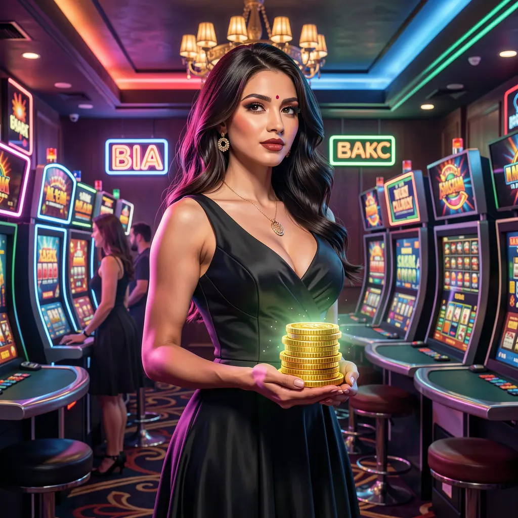 Elegant casino woman holding poker chips in a luxurious gaming atmosphere representing high class entertainment at 49OK in Bangladesh