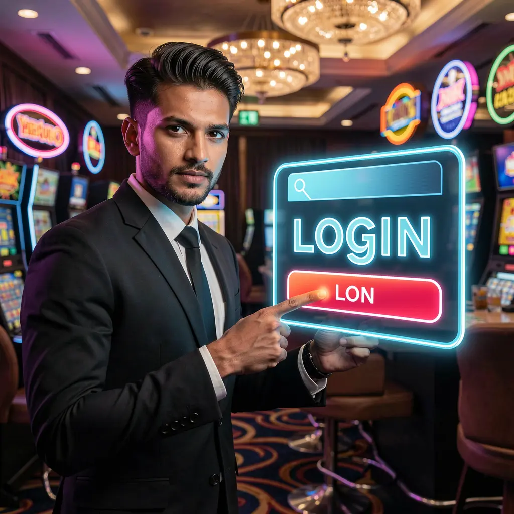 Confident Bangladeshi casino professional pointing to a bright digital login screen inside the 49OK casino platform environment