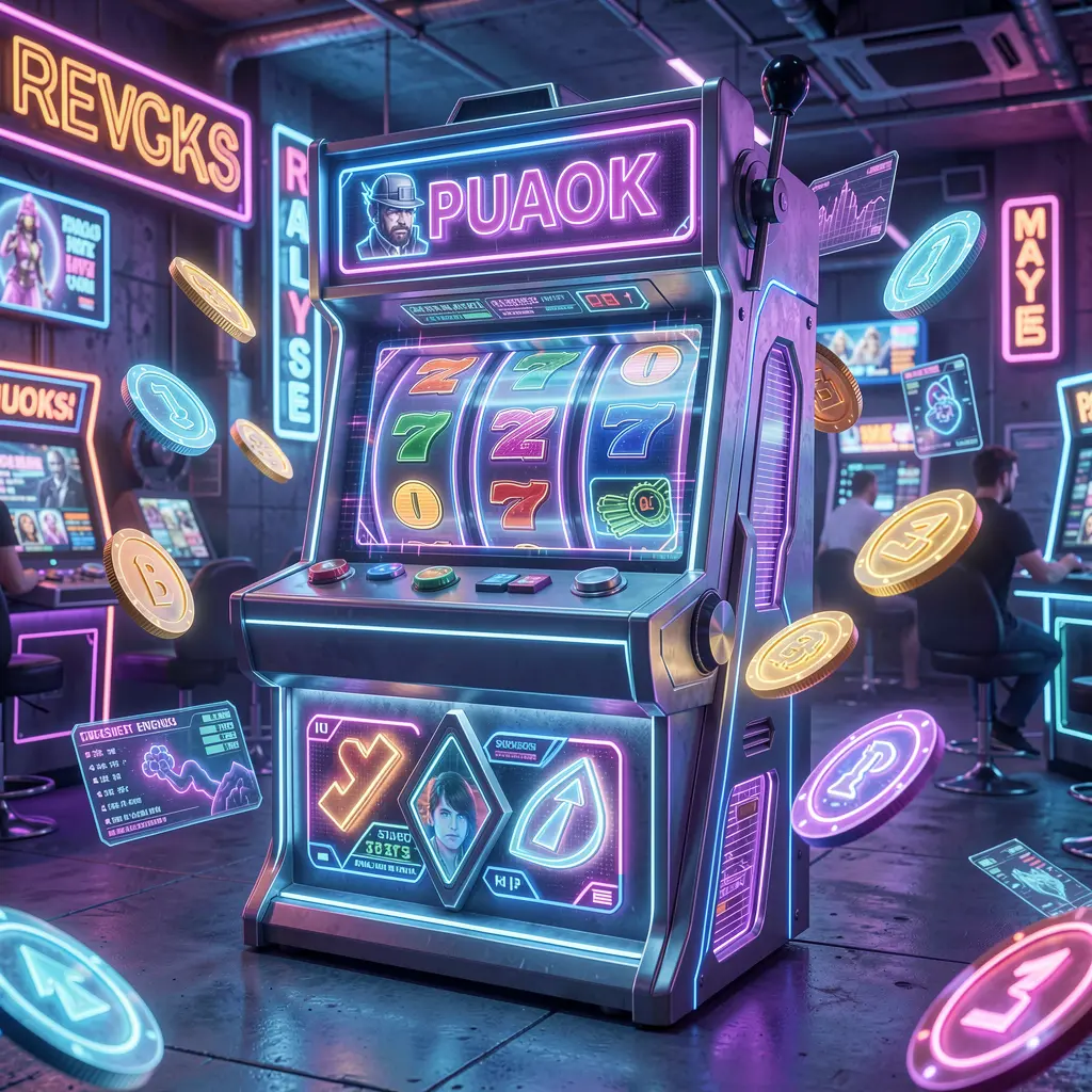 Modern neon slot machine with flying coins and vibrant lights representing fast paced slot gaming action at 49OK casino in Bangladesh